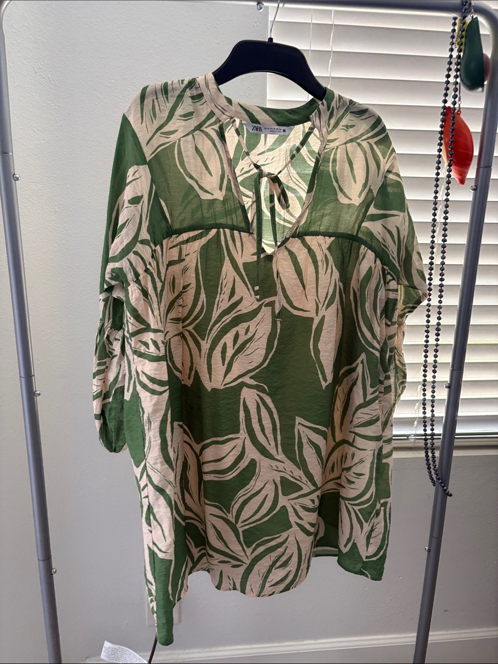 Zara Green and Cream Leaf-Print Tunic Blouse